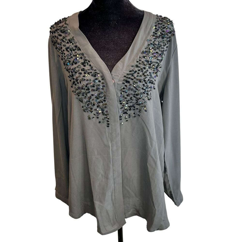 Chico’s Long Sleeve Sequin Chest Button Up Women’s Top Size M
